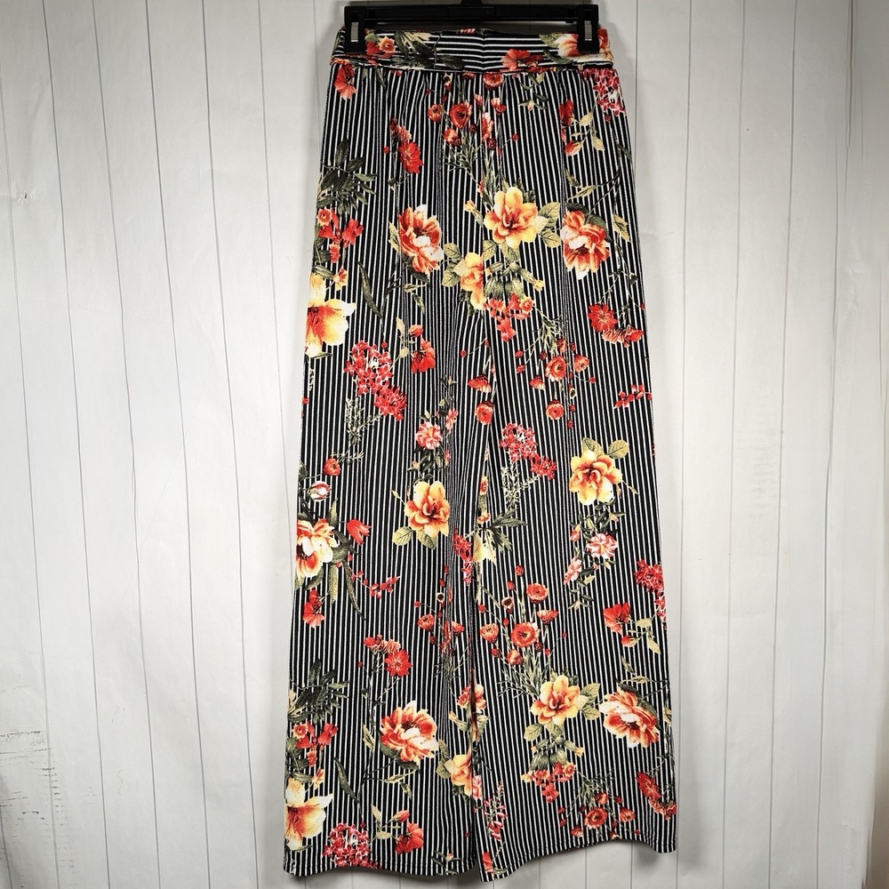 Wide Leg Floral Print Dress Pants Belted High Waist Black Stripe Feminine Boho S - Picture 3 of 6